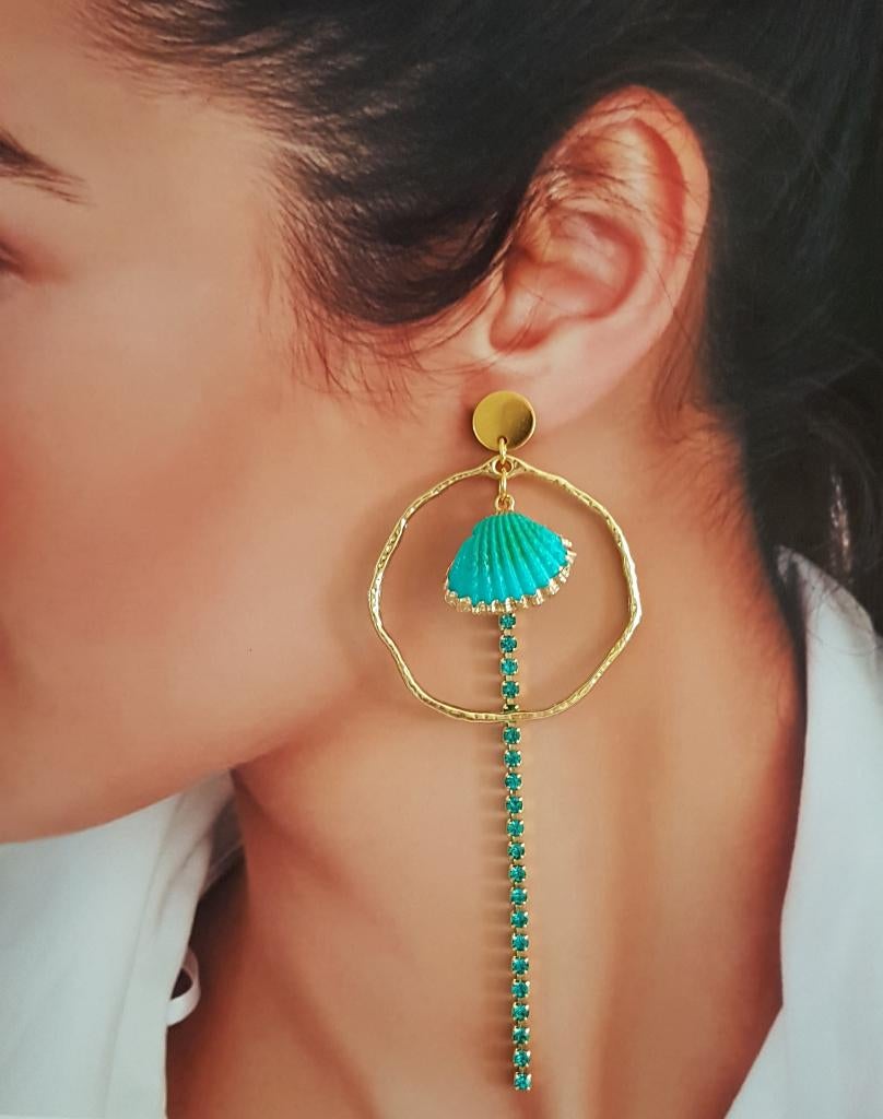Schelp Oorbellen Bohemian Gold / Strass Hoops. Turquoise, Overige materialen, Verzenden, Nieuw, Knopjes of Stekers