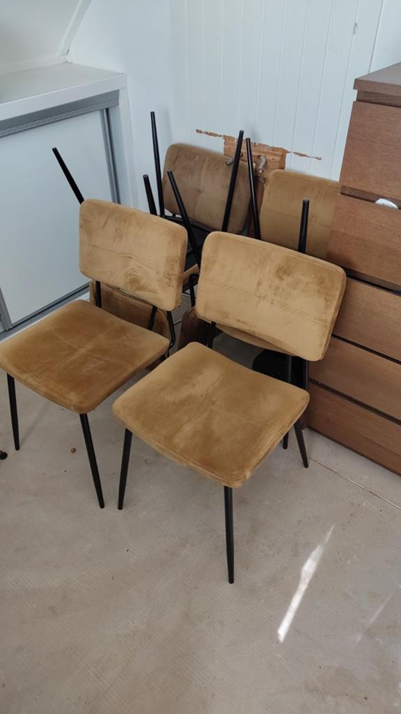 Okergele Velvet Stoelen - Set van 6 woood, Ophalen, Gebruikt, Overige kleuren, Modern, Velvet, Industrieel