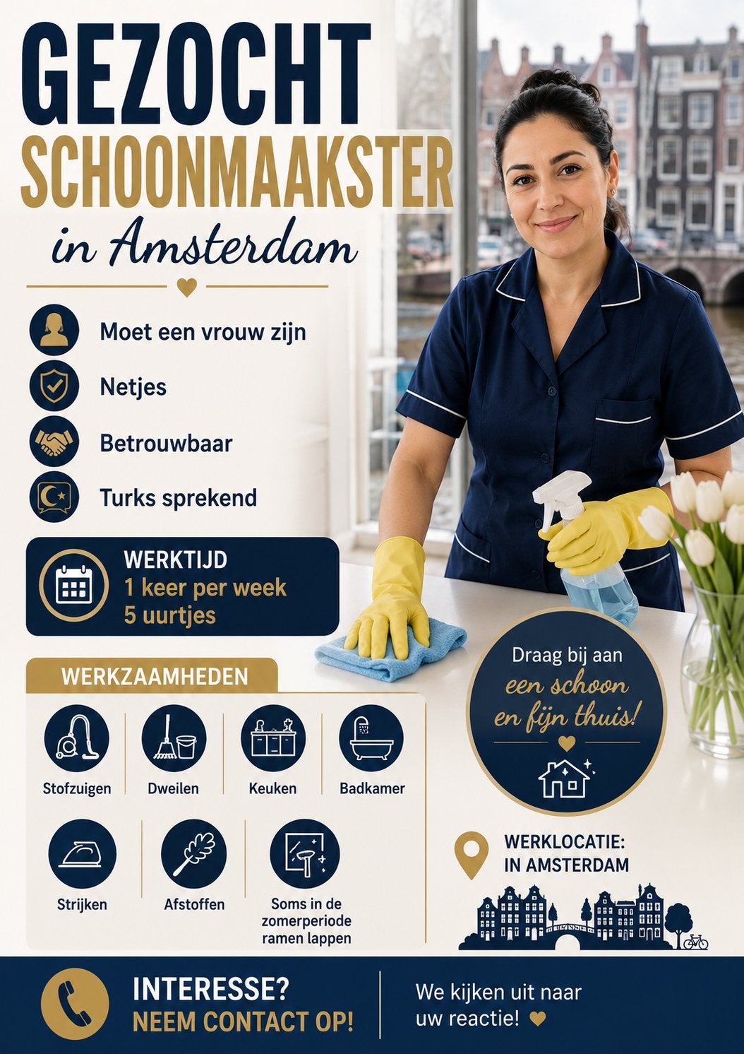 Schoonmaakster gezocht Amsterdam turkse dame, Diensten en Vakmensen, Schoonmakers en Glazenwassers, Schoonmaken woning