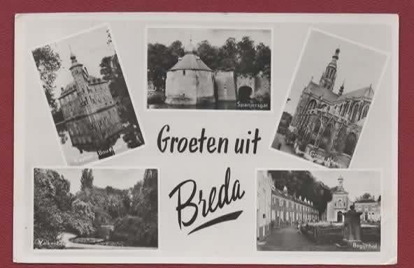 Breda - Groeten uit - o.a. de Begijnhof - jr.'50 (p. Ulvenh), Ophalen of Verzenden, 1940 tot 1960, Gelopen, Noord-Brabant