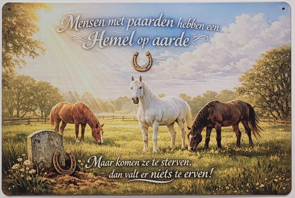 Mensen met paarden hemel op aarde reclamebord van metaal, Info@deconoord.nl, Nieuw, Ophalen of Verzenden, Deco noord