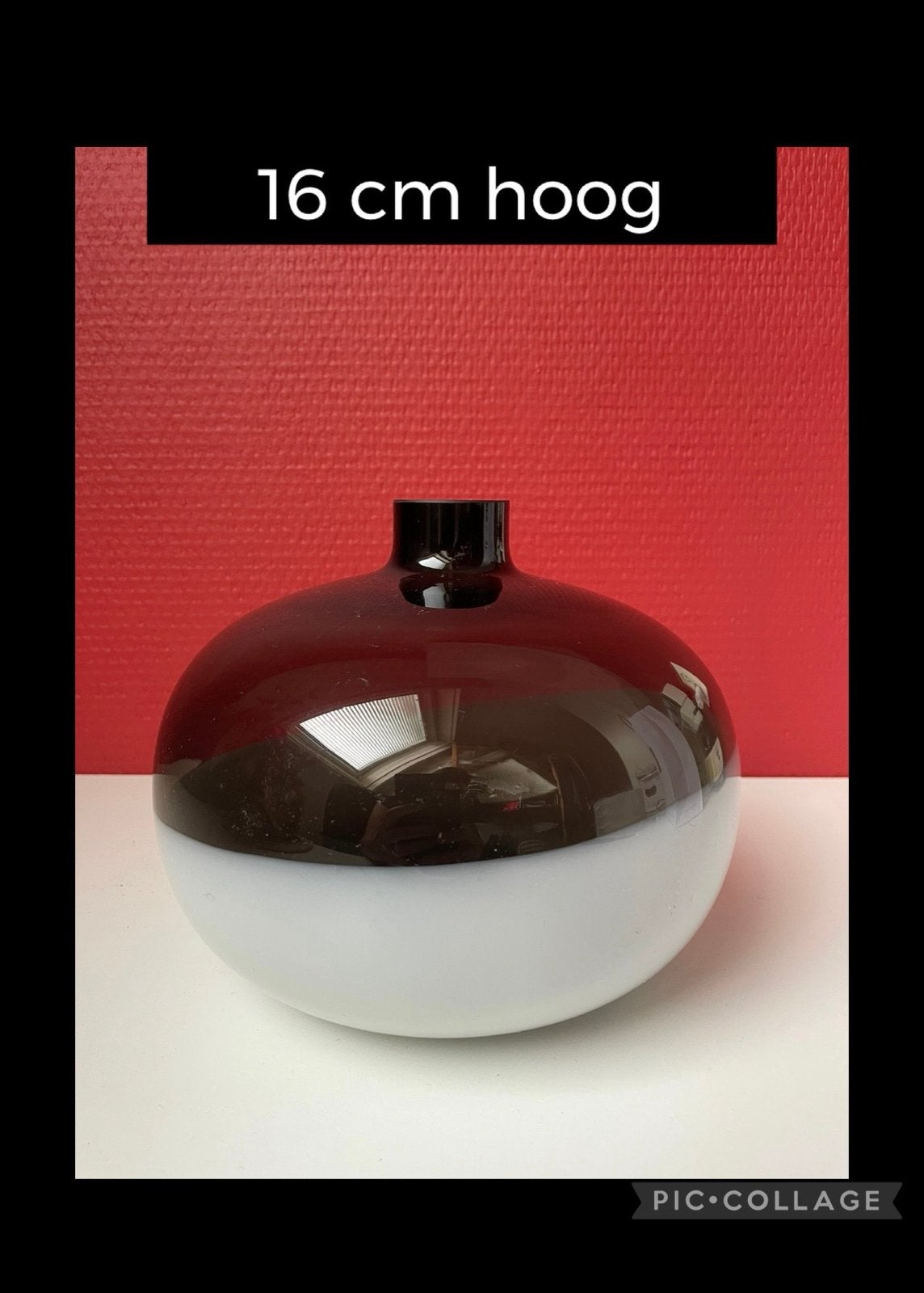 Vintage glazen vaas rood/wit - 16 cm hoog, Ophalen of Verzenden