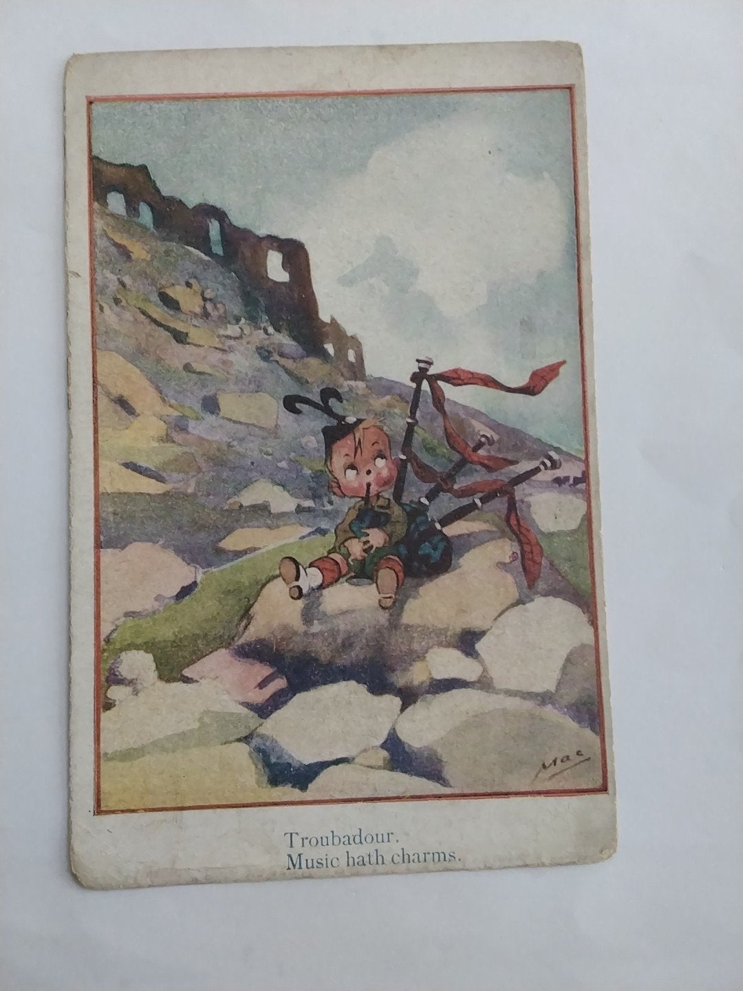 Oude kaart: Troubadour met doedelzak, 'Music hath charms, Ophalen of Verzenden, Voor 1920, Gelopen, Sterren en Beroemdheden
