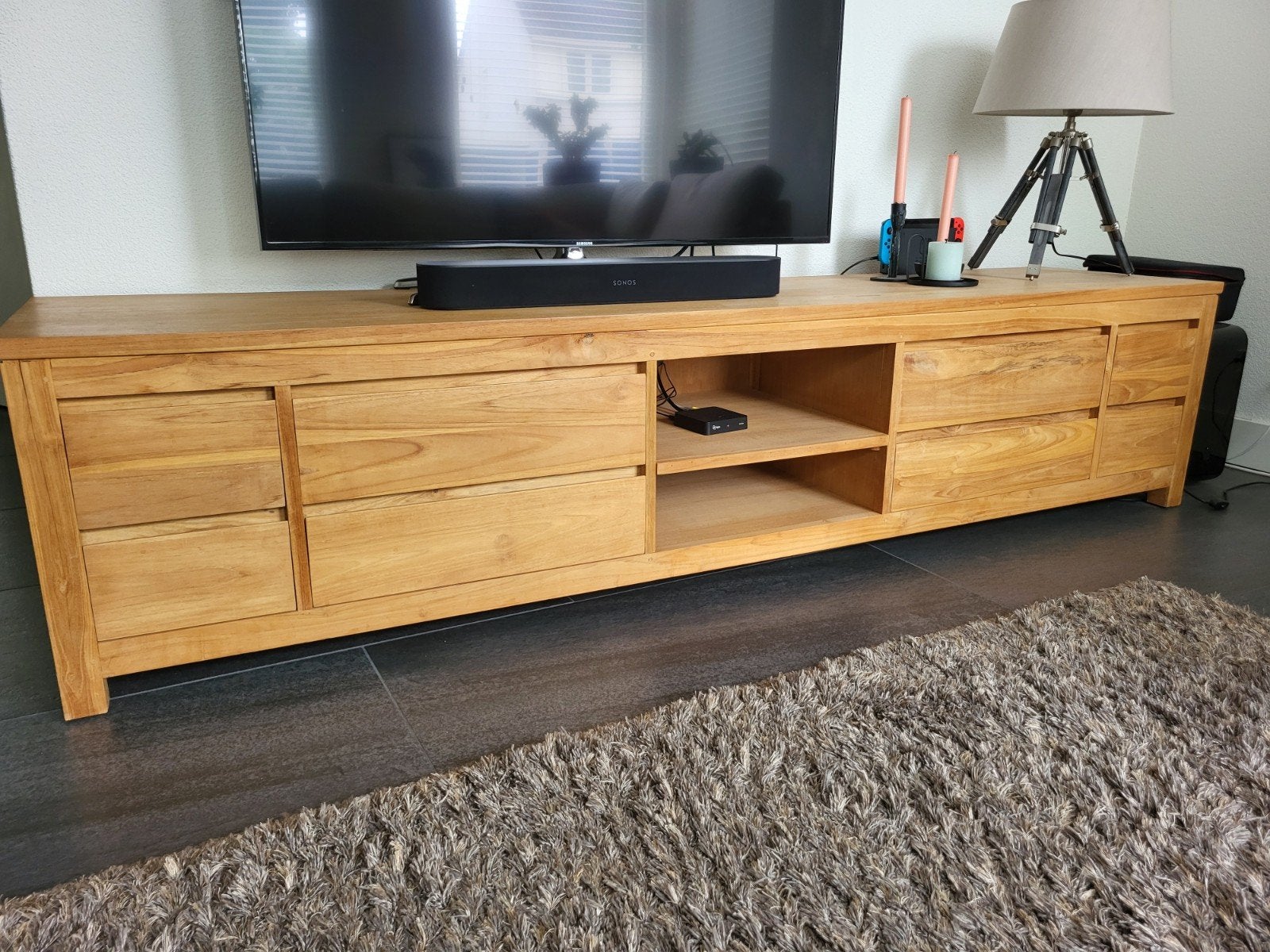 Teakhouten tv meubel, Ophalen, Gebruikt, Teakhout, 200 cm of meer