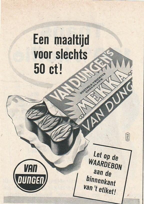 Retro reclame 1953 Van Dungen chocola met op de waardebon, Verzamelen, Retro, Verzenden, Overige typen