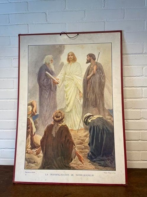 bijbelse schoolplaat, Transfiguratie van Onze-Lieve-Heer, Ophalen, Gebruikt, Schilderij, Papier/karton