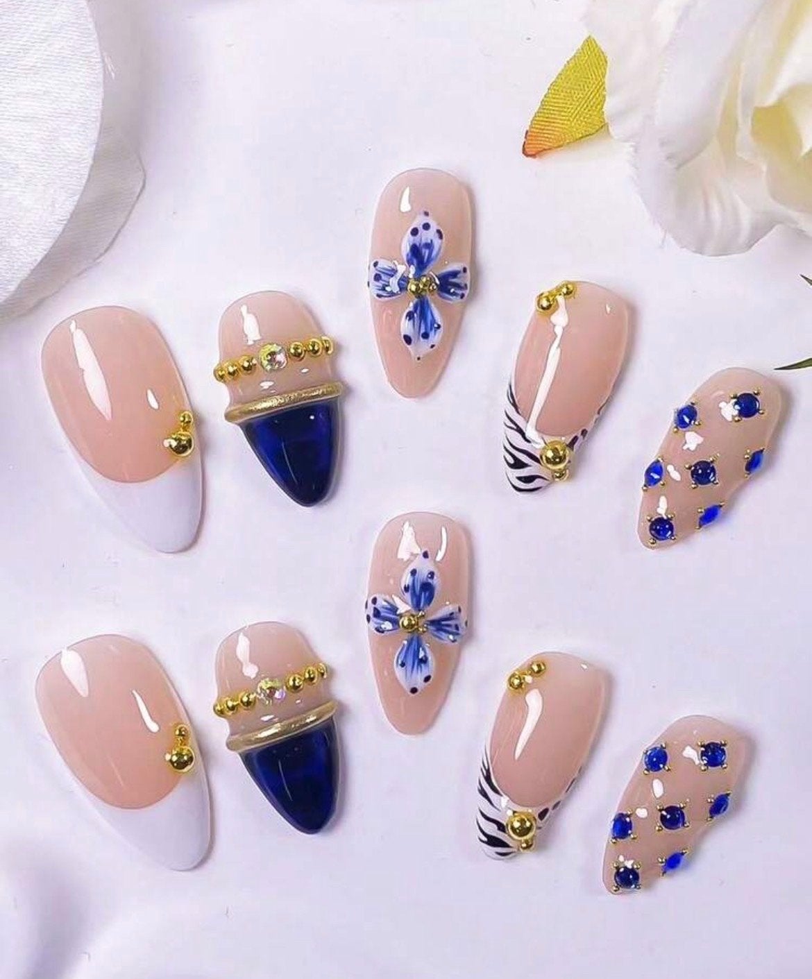 Luxe Press-On Nagels - Blauw & Goud Design, Verzenden, Nieuw, Overige typen