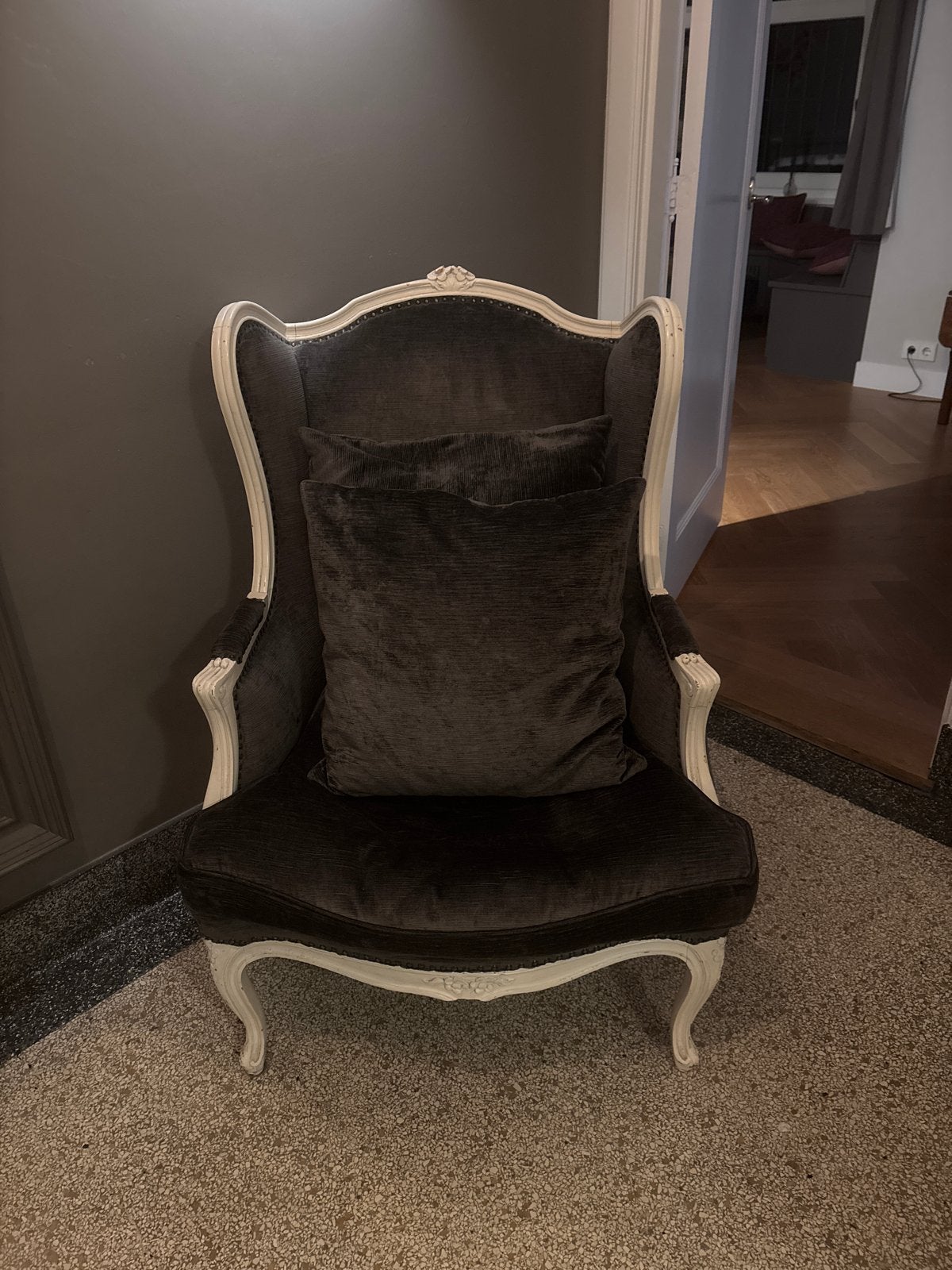 Stijlvolle fauteuil in barokstijl - Donker grijzig blauw, Huis en Inrichting, Ophalen, Gebruikt, 75 tot 100 cm, 50 tot 75 cm