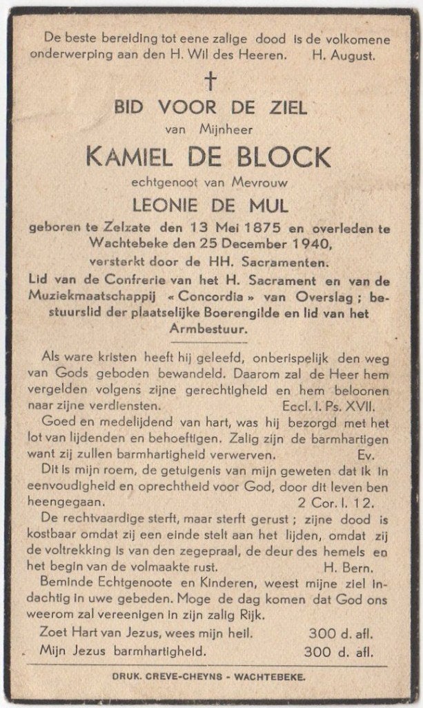 Kamiel de Block 1875 Zelzate + 1940 Wachtebeke, 65 jaar oud, Verzenden