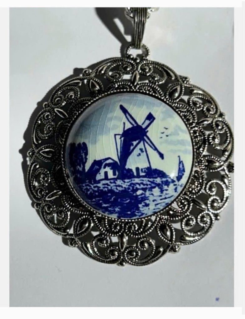 Delfts blauw in filigraan hanger, 4,5 cm, rvs, ketting 58 cm, Overige materialen, Blauw, Nieuw, Ophalen of Verzenden