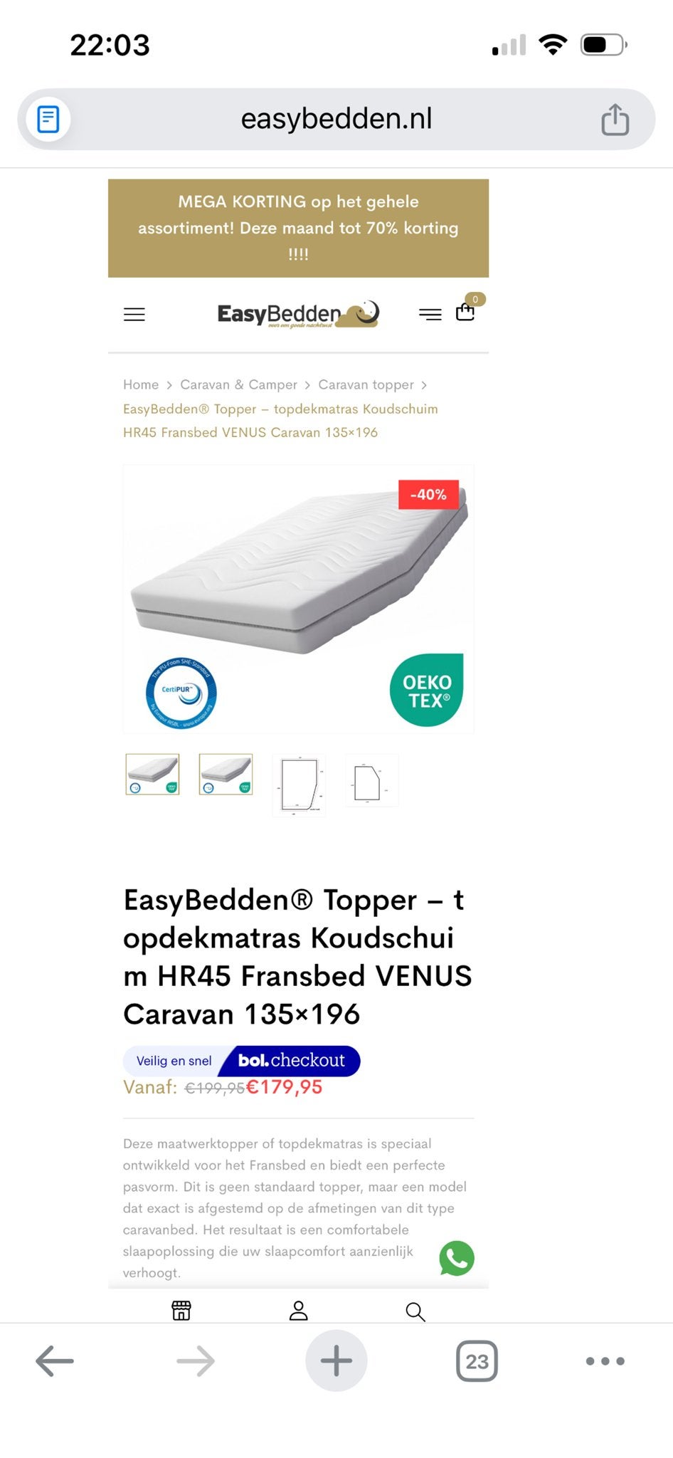 Nieuwe Topper Fransbed rechts caravan hobby 460, Caravans en Kamperen, Ophalen, Nieuw