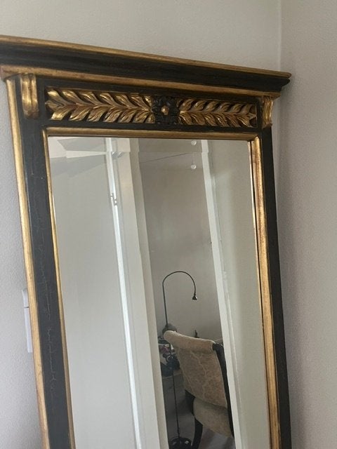 handmade spiegel in zwart/goud patin, Ophalen, Zo goed als nieuw, 150 tot 200 cm, Rechthoekig