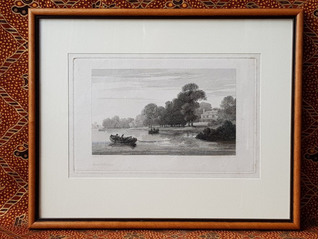 Mooie antieke ingelijste Engelse ets van Marble Hill Cottage, 1800 - 1899, Ets, Ophalen of Verzenden, Met tekst
