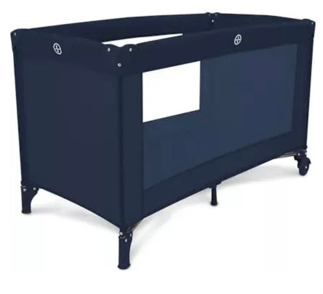 Donkerblauw campingbedje met wieltjes en extra matras, Ophalen of Verzenden, Gebruikt, Reisbedje