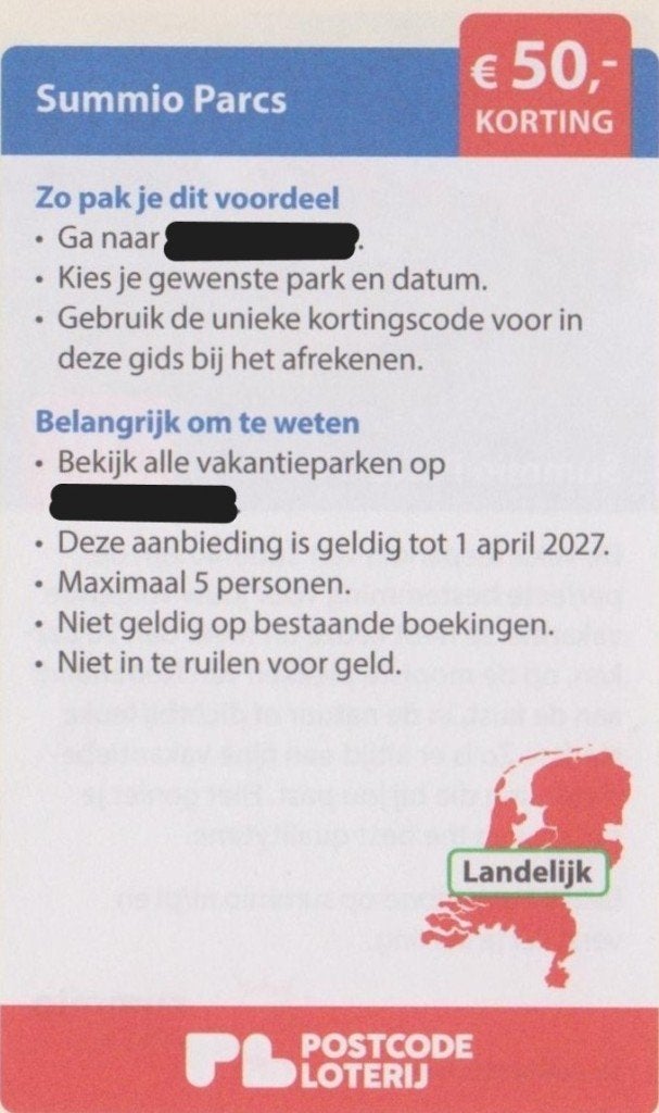 Summio Parcs. € 50,- korting. Postcodeloterij kortingsbon., Drie personen of meer, Kortingsbon, Bungalowpark
