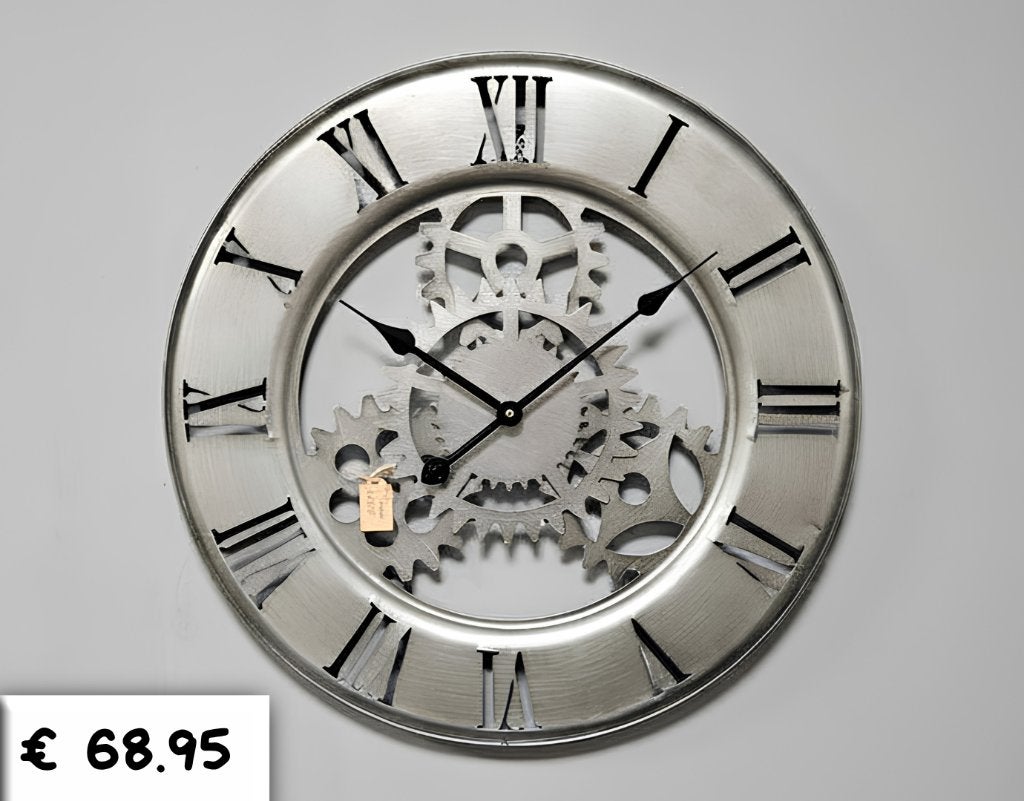 Industriële Metalen Wandklok Zilver met Tandwielen - Ø 63 cm, Ophalen, Overwijk Decoratie B.V. / Swiet Home, Wandklok, Nieuw