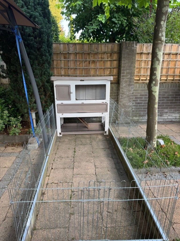 Ferplast Konijnenhok Grand Lodge 120+ Wit-Taupe met ren, Dieren en Toebehoren, Ophalen, 90 cm of meer, Konijn, Hok