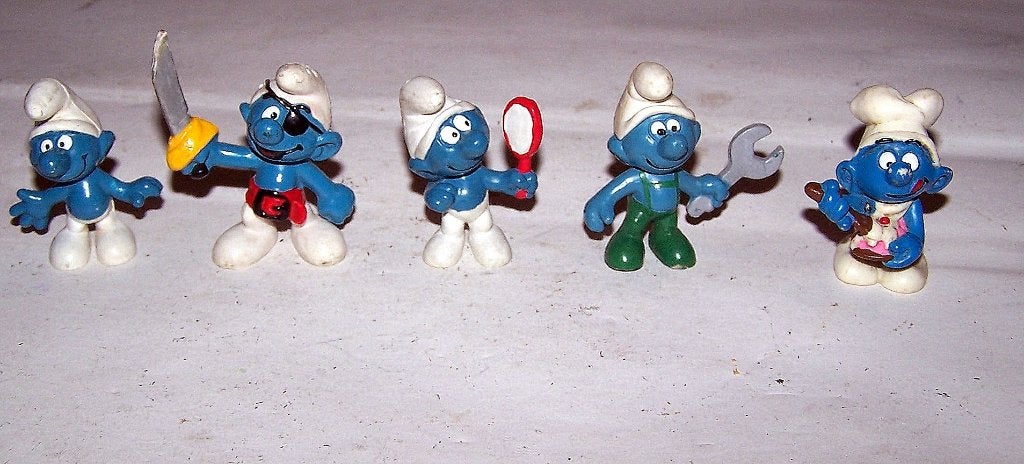 5 zeldzame vintage Smurf figuren. De 3 linkse v. Schleich., Ophalen of Verzenden, Zo goed als nieuw, Verschillende Smurfen, Poppetje, Figuurtje of Knuffel