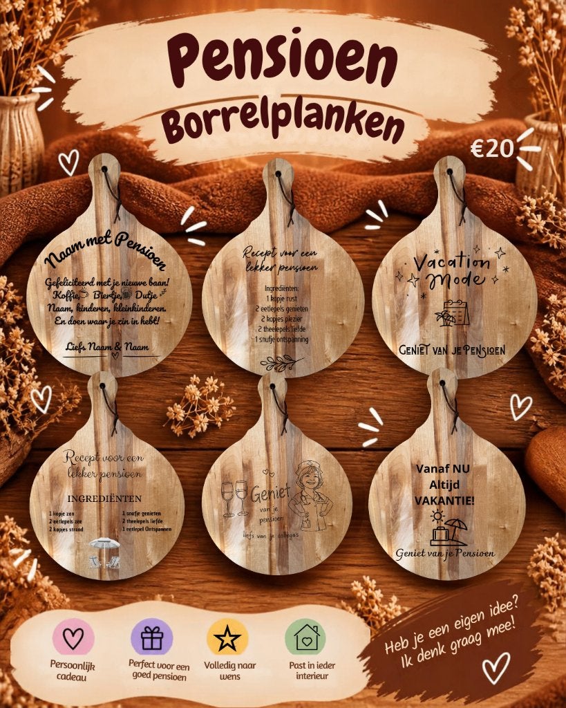 Borrelplank/serveerplank voor een goed pensioen, Beige, Hout, Snij-/serveerplank, Nieuw