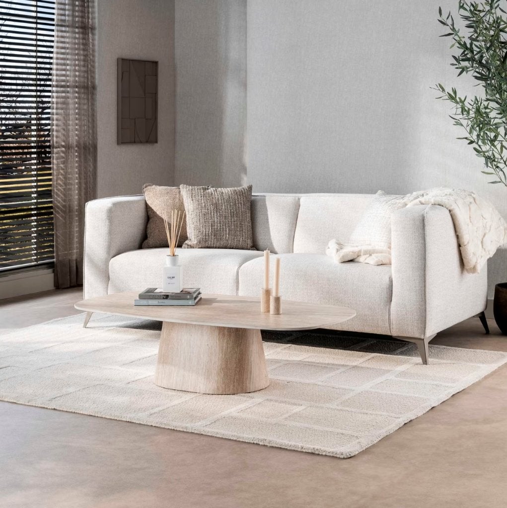 Deens Ovale Salontafel Indar Keramiek in Travertinlook, Ophalen, 100 tot 150 cm, 50 tot 100 cm, Zo goed als nieuw