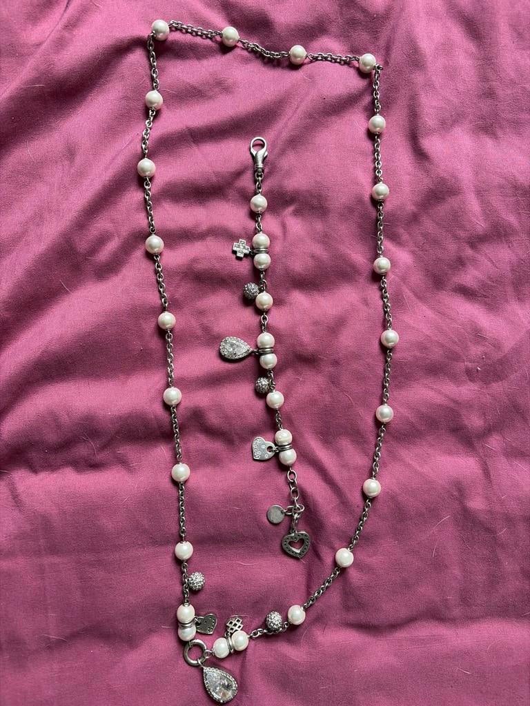 Ti Sento Armband en Ketting Set met Parels en Zirkonia, Sieraden, Tassen en Uiterlijk, Kettingen, Ophalen, Zo goed als nieuw, Zilver