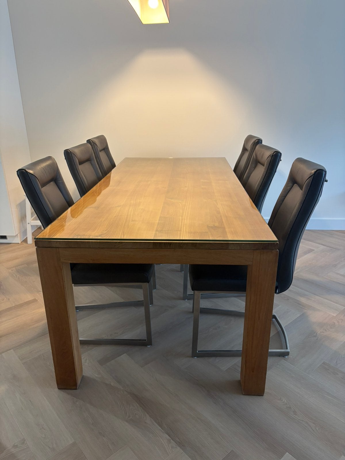 Massief Teakhouten Eettafel & 6 H & H leren Stoelen, Huis en Inrichting, Ophalen, Gebruikt, 200 cm of meer, 50 tot 100 cm