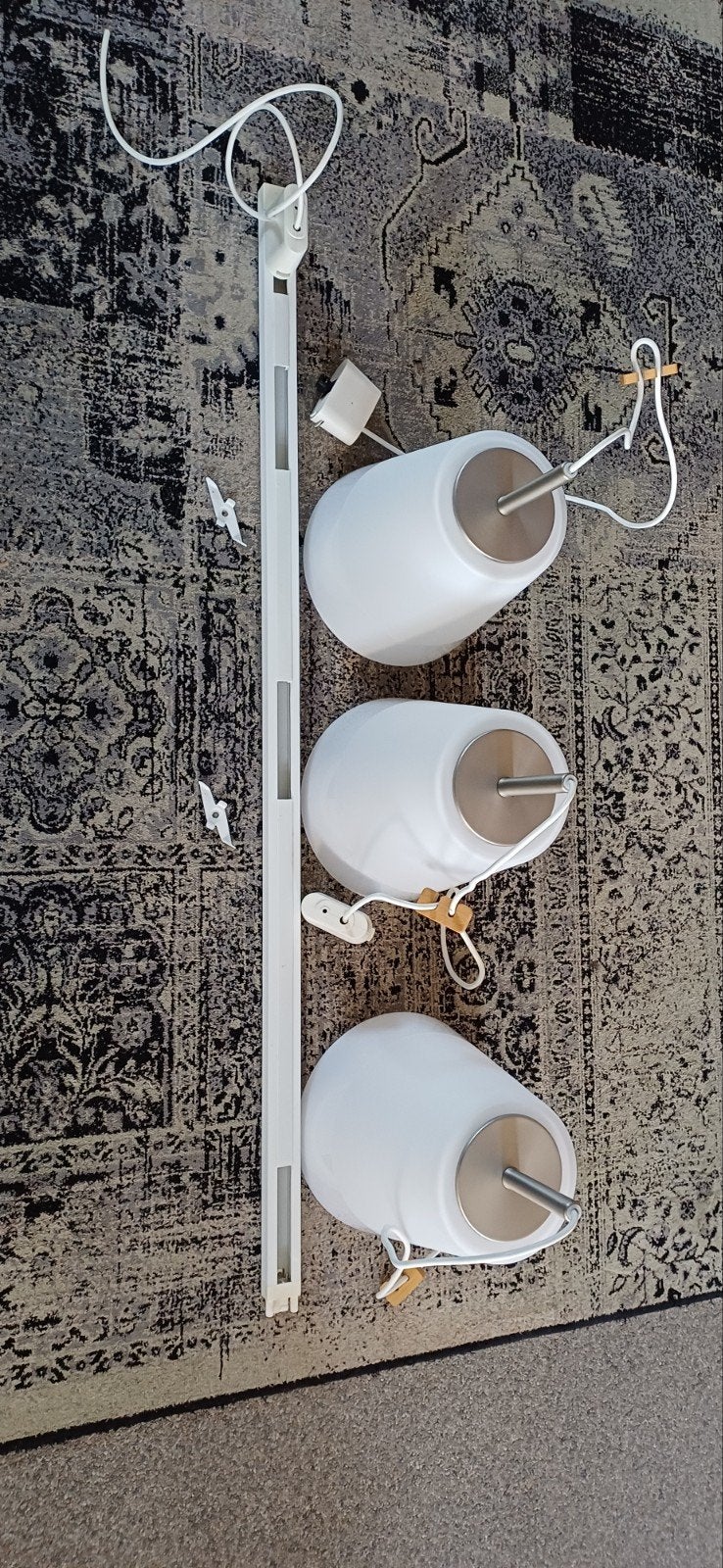 Hanglamp op rail met 3 glazen kappen, Ophalen, Gebruikt, Glas, E27 (groot)