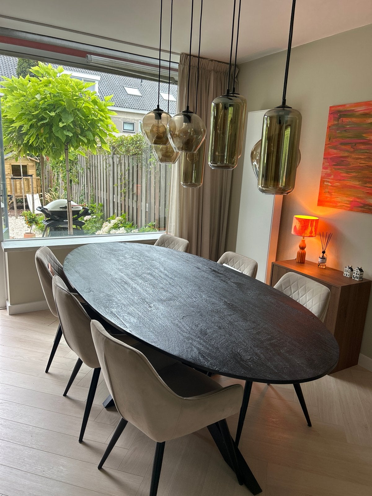 Stijlvolle ovale eettafel - Zwart eikenhout, Ophalen, Gebruikt, 200 cm of meer, 50 tot 100 cm