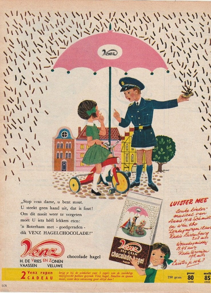 retro reclame 1965 Venz hagelslag kindje & politieagent, Verzenden, Overige typen