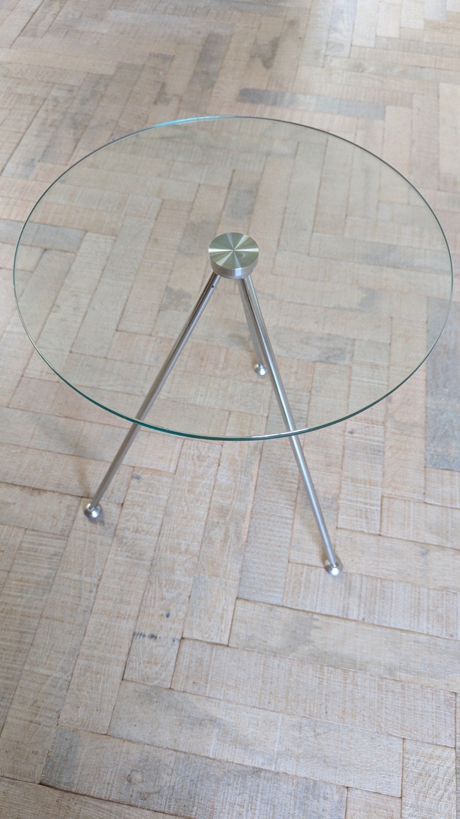 Glazen bijzettafel(tjes) met chromen pootjes, Ophalen, Minder dan 50 cm, Gebruikt, Rond