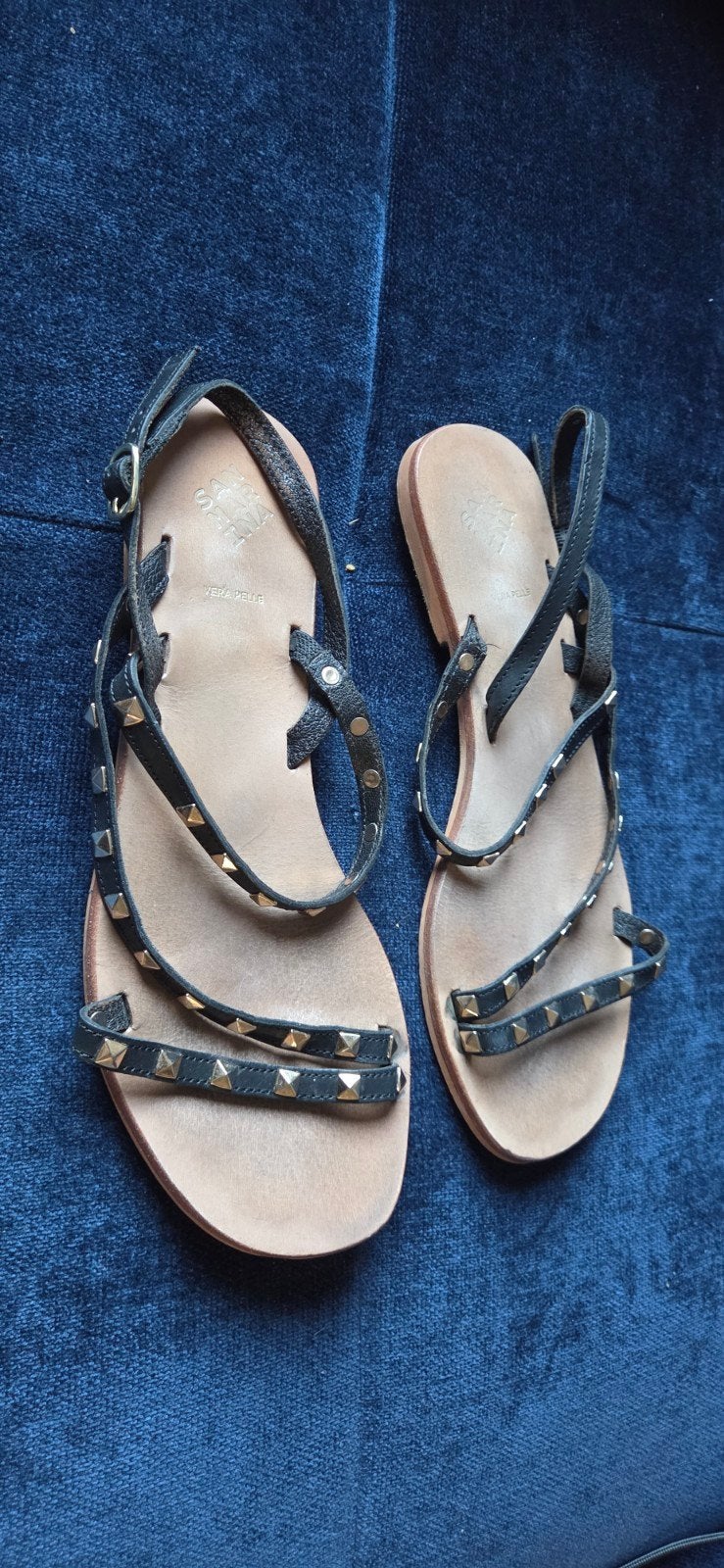Leren sandalen met studs, maat 40 - Vera Pelle, Zwart, Vera Pelle, Gedragen, Sandalen of Muiltjes
