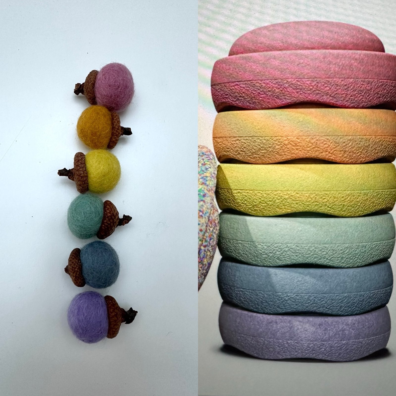 Wolvilten eikels - Montessori speelgoed stapelstein kleuren, Ophalen of Verzenden, Nieuw, Bouwen