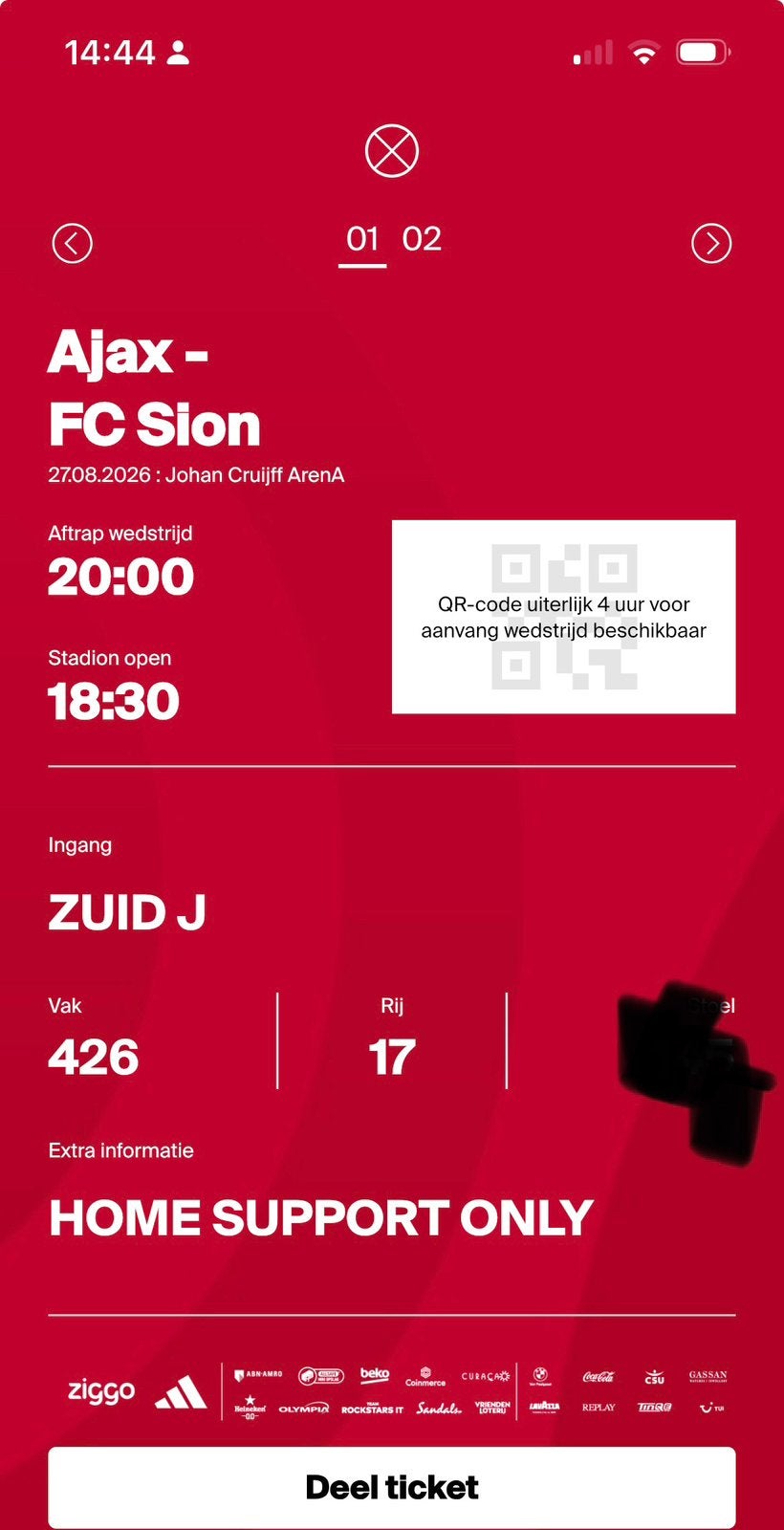 Ajax-sion, 2 tickets naast elkaar, vak 426, Tickets en Kaartjes, Twee personen, November