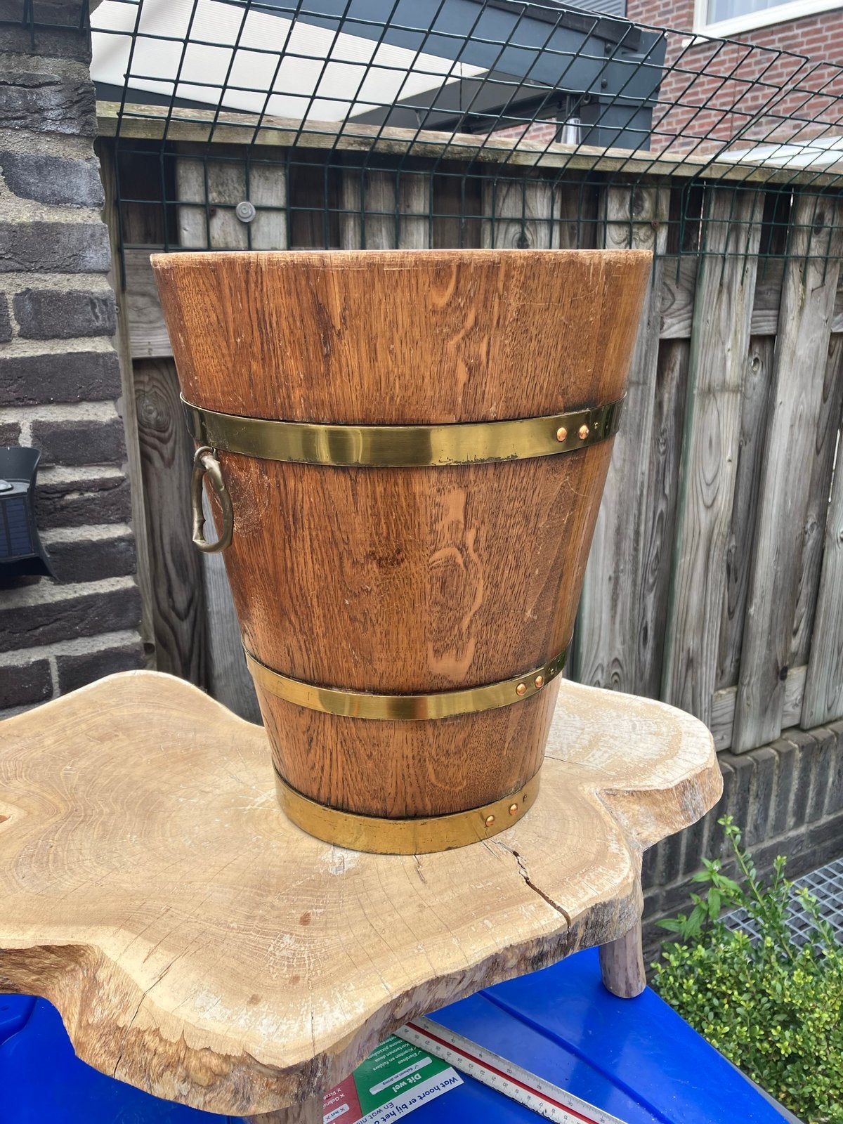Vintage houten plantenbak met messing banden, Ophalen of Verzenden