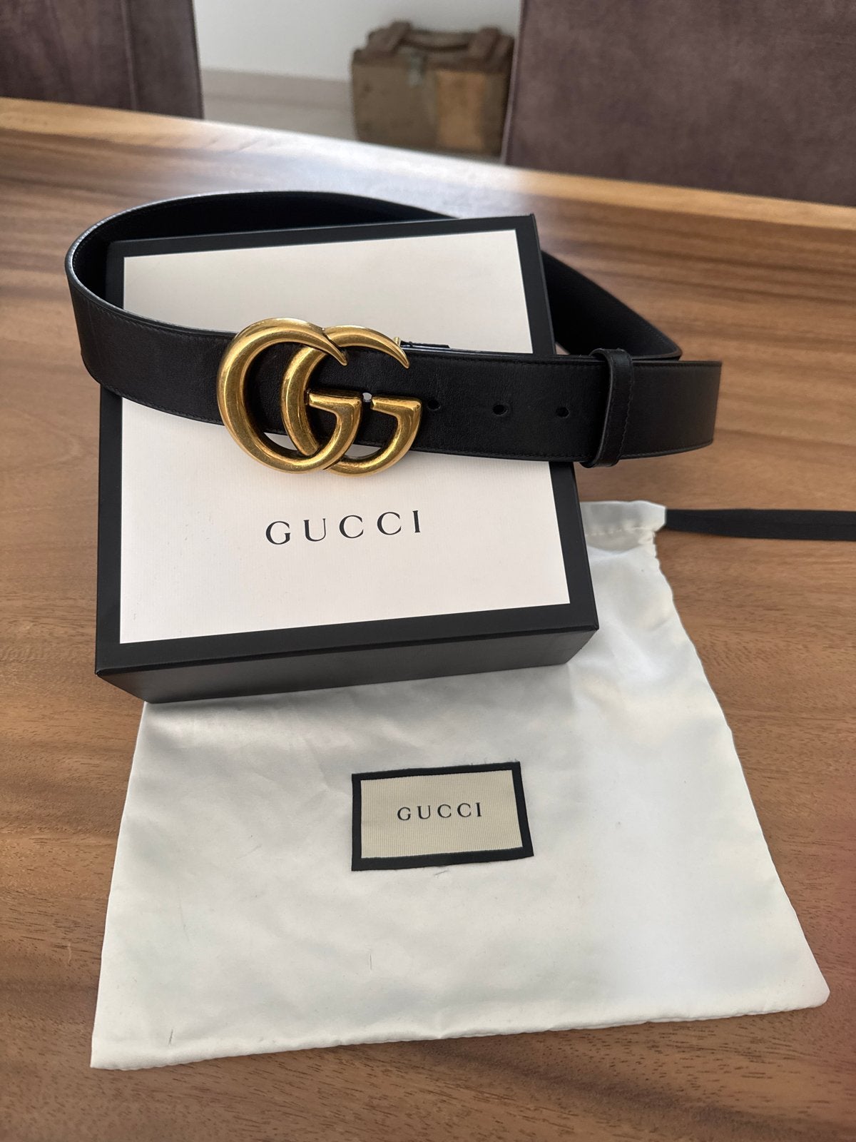 Gucci GG Marmont Leren Riem - Zwart met Gouden Gesp, Kleding | Dames, 80 tot 90 cm, 3 tot 5 cm, Tailleriem, Ophalen of Verzenden