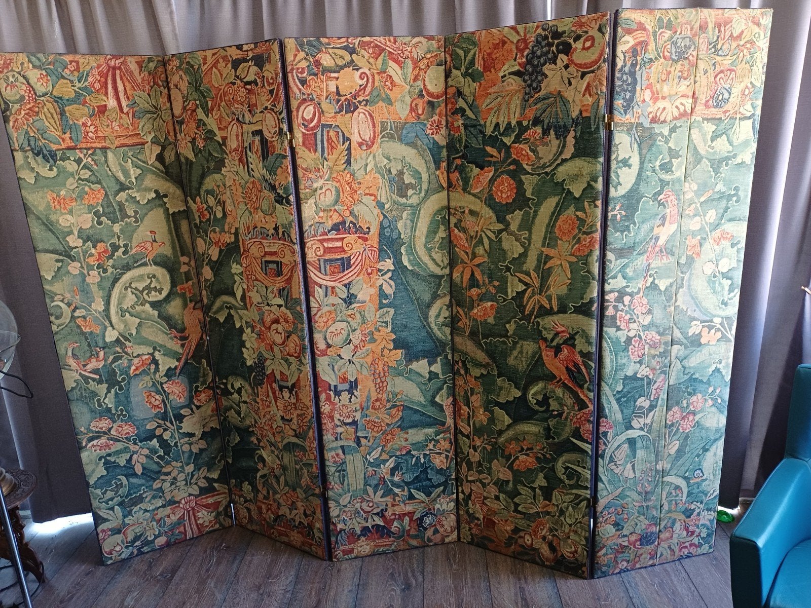 Antiek Frans Kamerscherm 5-bladig - Floral Greenery Sereen, Huis en Inrichting, Woonaccessoires | Kamerschermen, Ophalen, Gebruikt