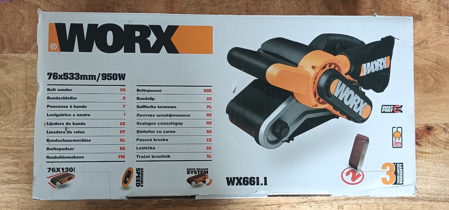 WORX Bandschuurmachine WX661.1 - 950W met schuurbanden, Ophalen, Zo goed als nieuw, 600 tot 1200 watt, Bandschuurmachine