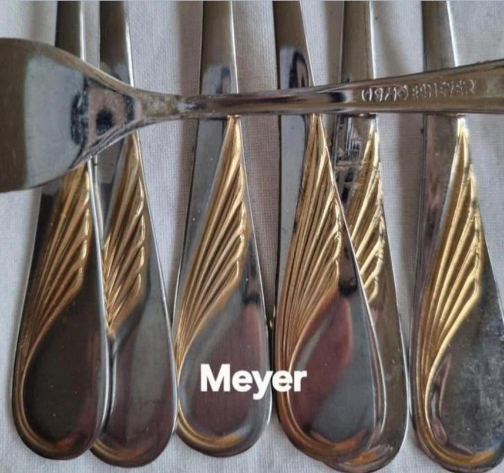 Meyer Duits bestek 18/10 dessert vorkjes gouden versieringen, Antiek en Kunst, Antiek | Bestek, Ophalen of Verzenden
