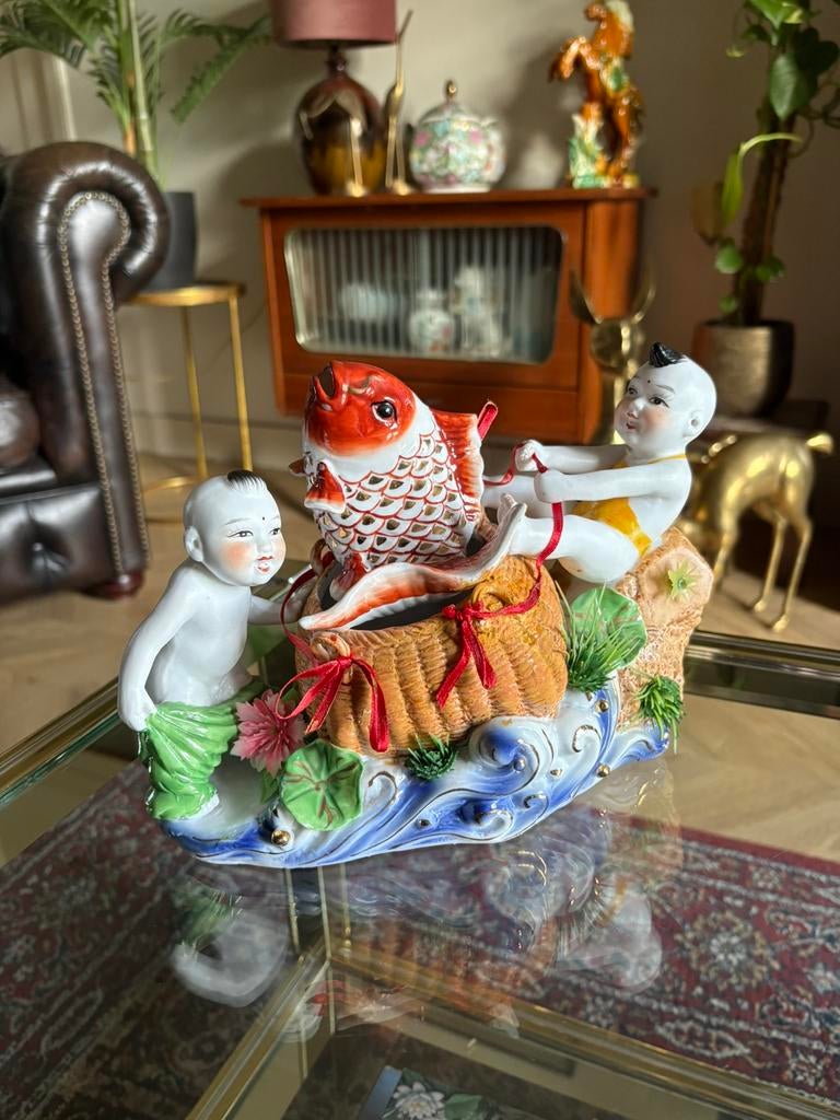 Chinese tweeling Koi porseleinen beeld, Antiek en Kunst, Ophalen of Verzenden