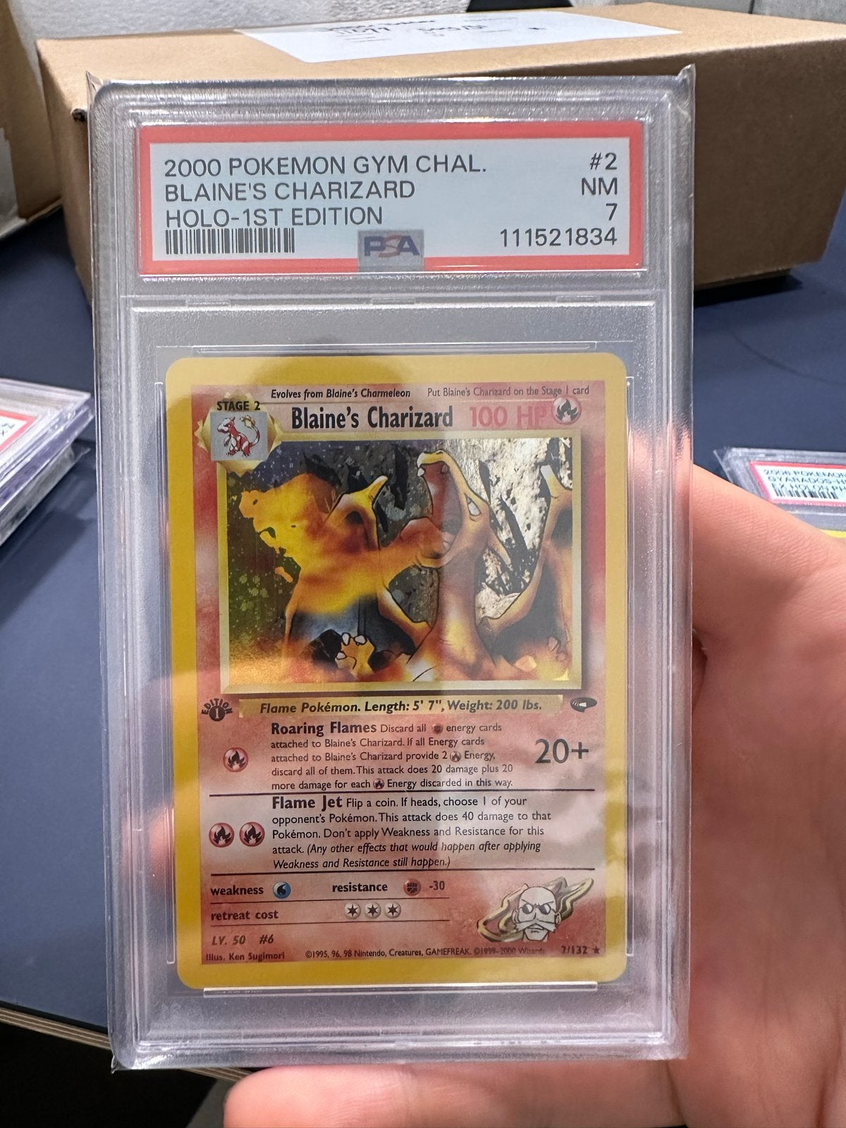 Blaine's Charizard 1st Edition PSA 7 - Gym Challenge, Ophalen of Verzenden, Zo goed als nieuw, Losse kaart
