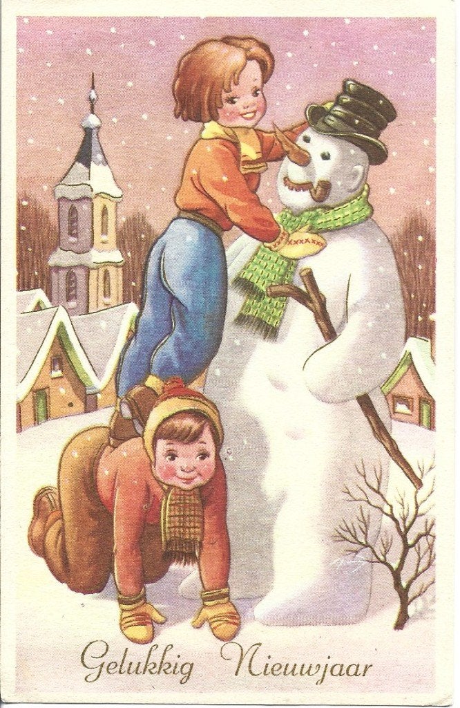 Gelukkig Nieuwjaar*Kinderen met sneeuwpop*Vintage*jaren 50, Verzamelen, Ophalen of Verzenden, 1940 tot 1960, Gelopen, Feest(dag)