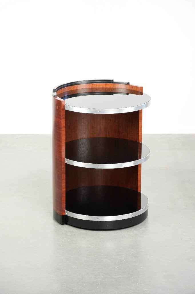 Verrijdbare Schuitema bijzettafel met zwarte glazen bladen, Huis en Inrichting, Minder dan 55 cm, Gebruikt, Rond, Schuitema