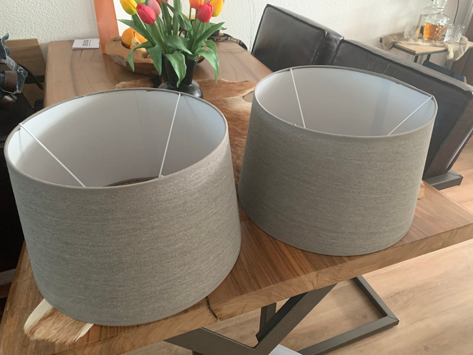 Grijze lampenkappen 30x35 cm - Set van 2, Huis en Inrichting, Lampen | Lampenkappen, Ophalen, Rond, Zo goed als nieuw, Textiel
