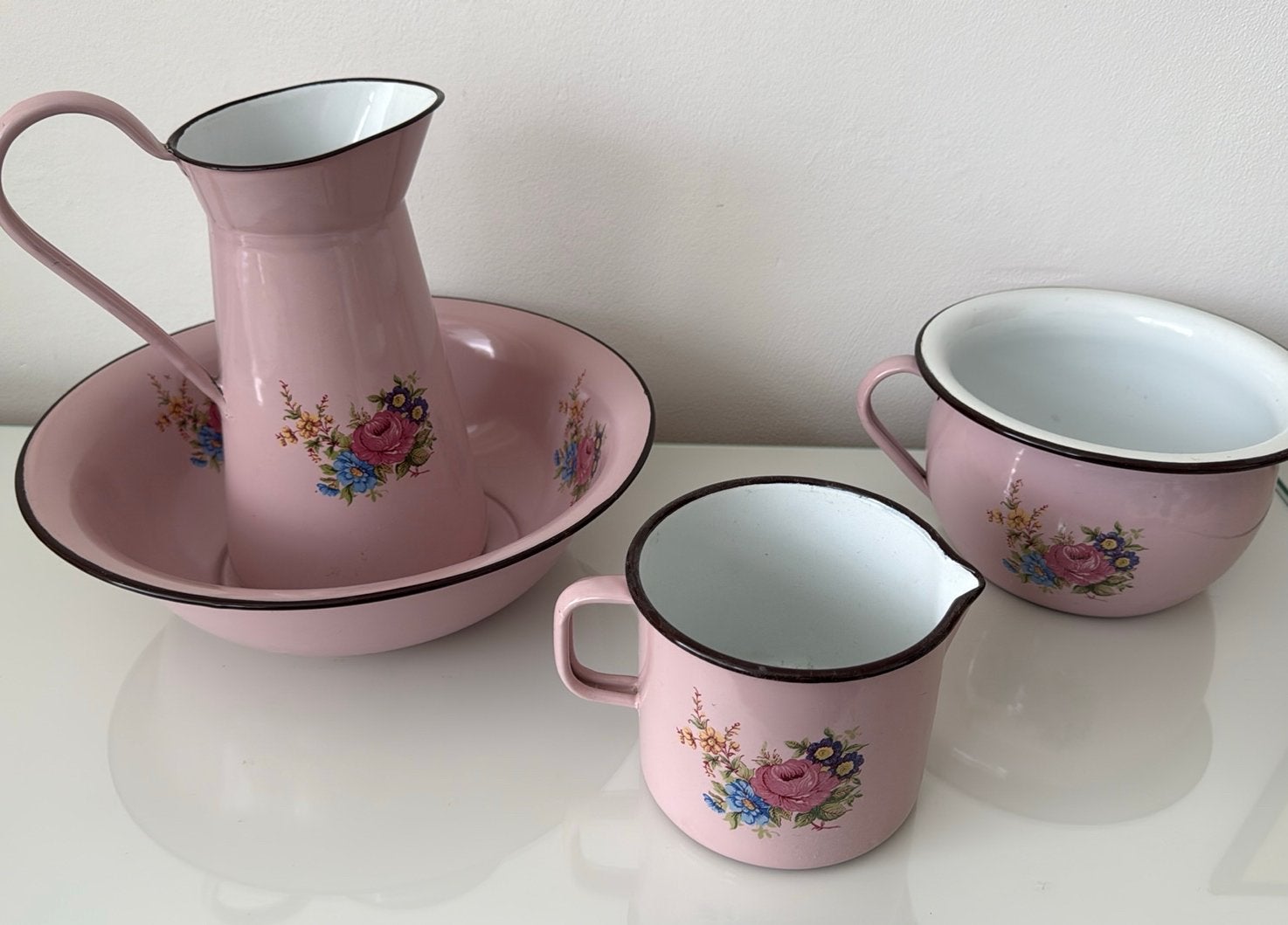 Lot oud Brocante emaille kleur rose gebloemd, Ophalen of Verzenden