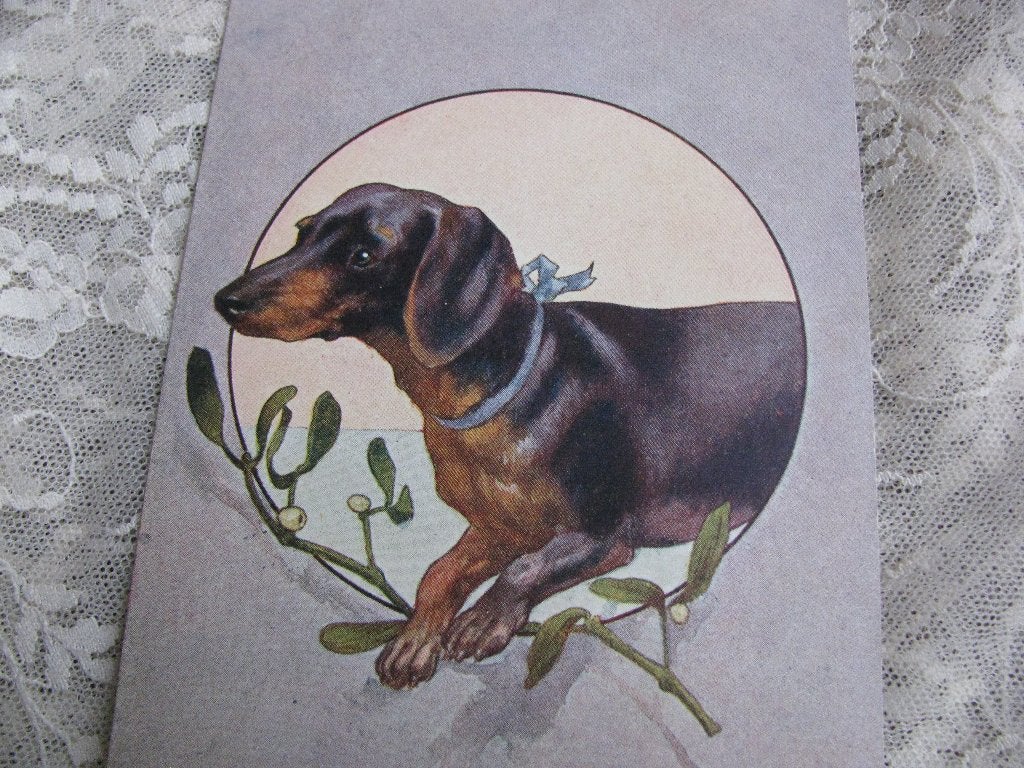 Antieke Kaart - Teckel met Blauwe Strik, Verzenden, Voor 1920, Gelopen, Feest(dag)