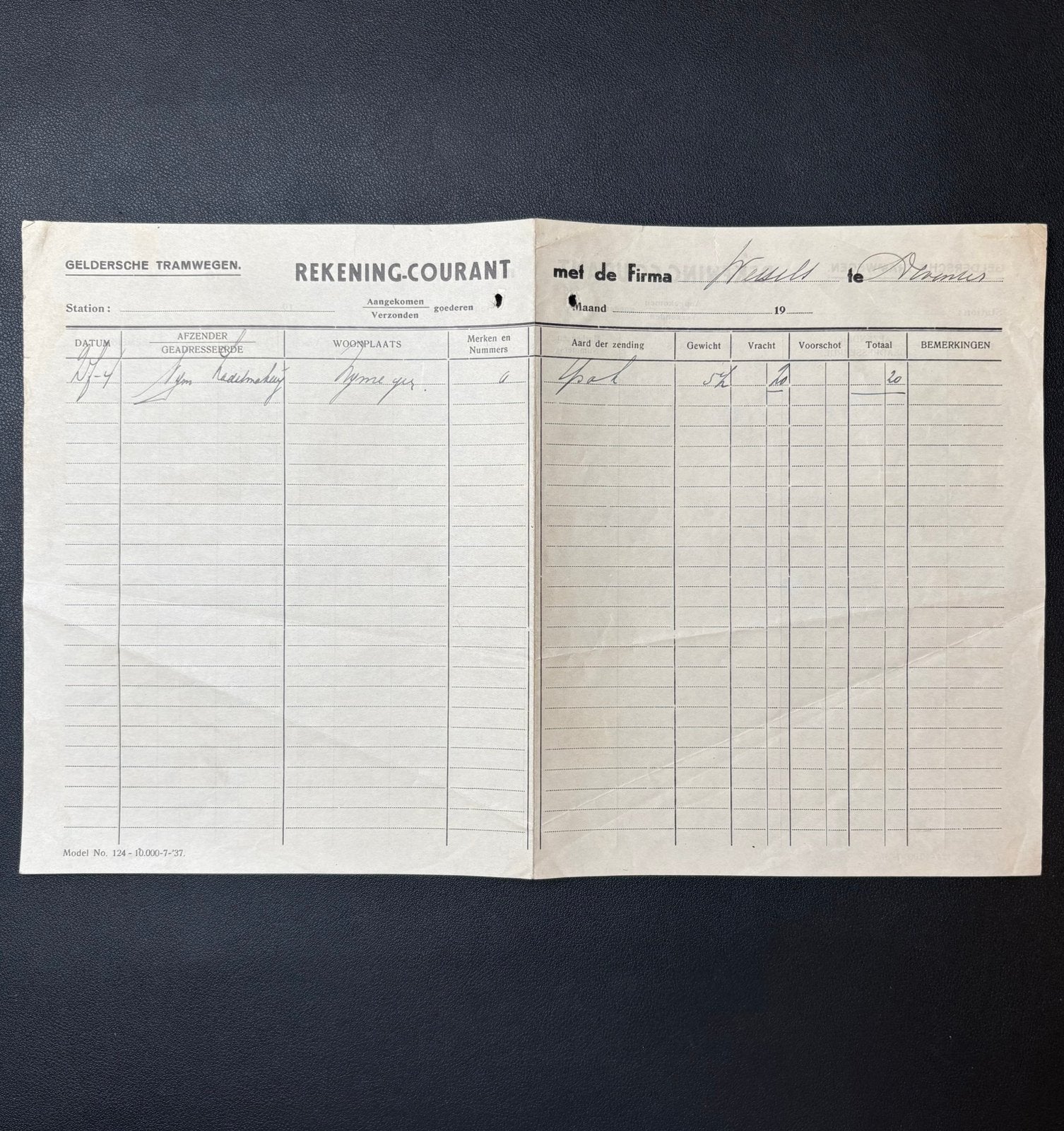 Rekening-courant Geldersche tramwegen (goederentram) (1937), Ophalen of Verzenden, Gebruikt, Tram