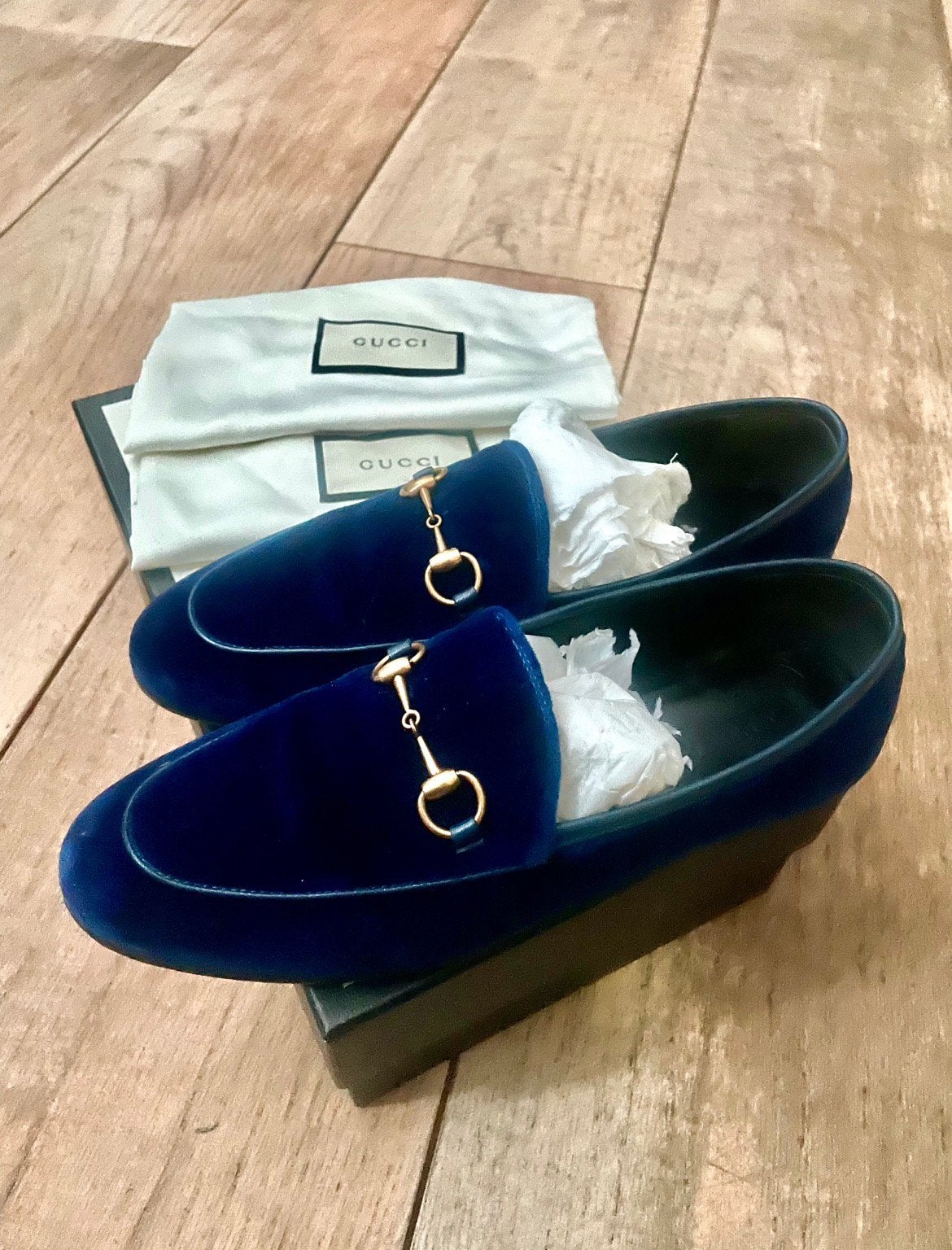 Gucci Horsebit Loafers Velvet, Ophalen, Gedragen, Blauw, Instappers