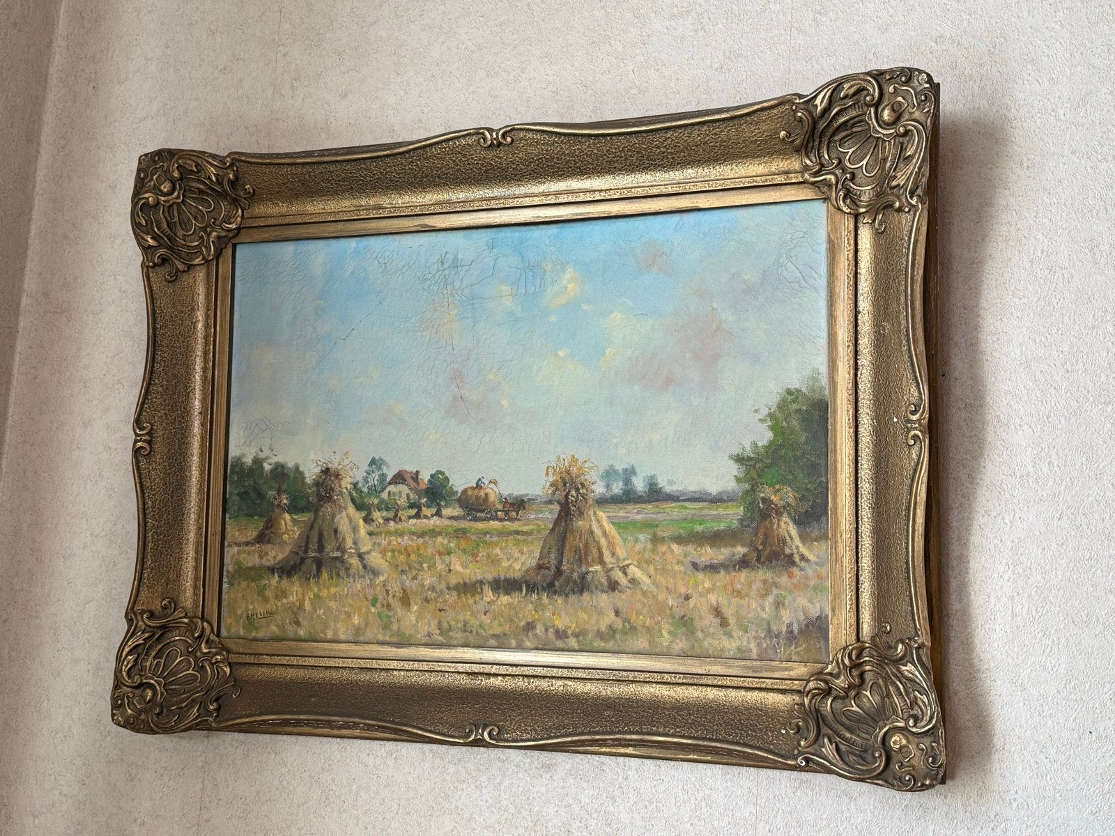 Olieverfschilderij Landschap met Korenschoven - B. Medema, Ophalen, Doek, Realistisch, Gesigneerd