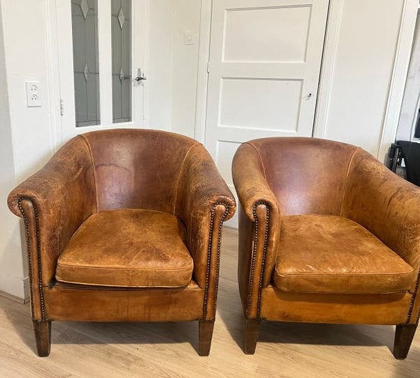 2 Schapenlederen Clubfauteuils - Nico van Oorschot Amsterdam, Ophalen