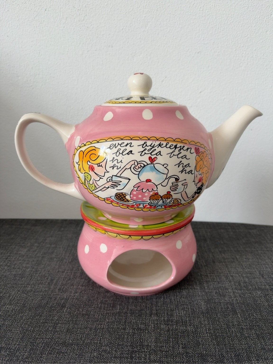 Blond Amsterdam theepot met theelichtje roze stippen, Gebruikt, Keramiek, Ophalen of Verzenden, Theepot